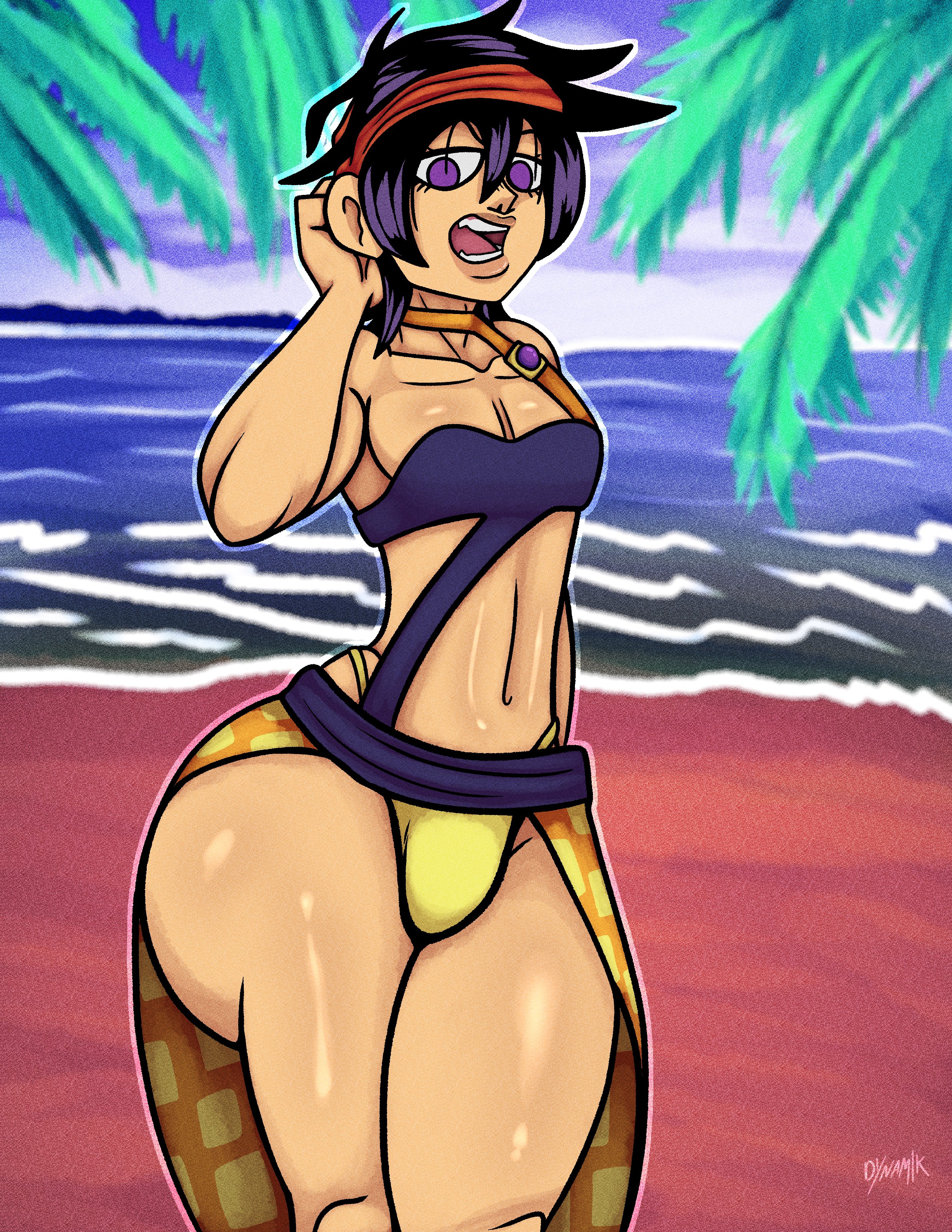 1boy, ass, beach, big legs, bulge, bulge through clothing, crossdressing, dynamik808, femboy, gay, heart, huge ass, jojo's bizarre adventure, male, male only, narancia ghirga, penis, smile, solo, thick thighs, tongue, tongue out, vento aureo, wide hips