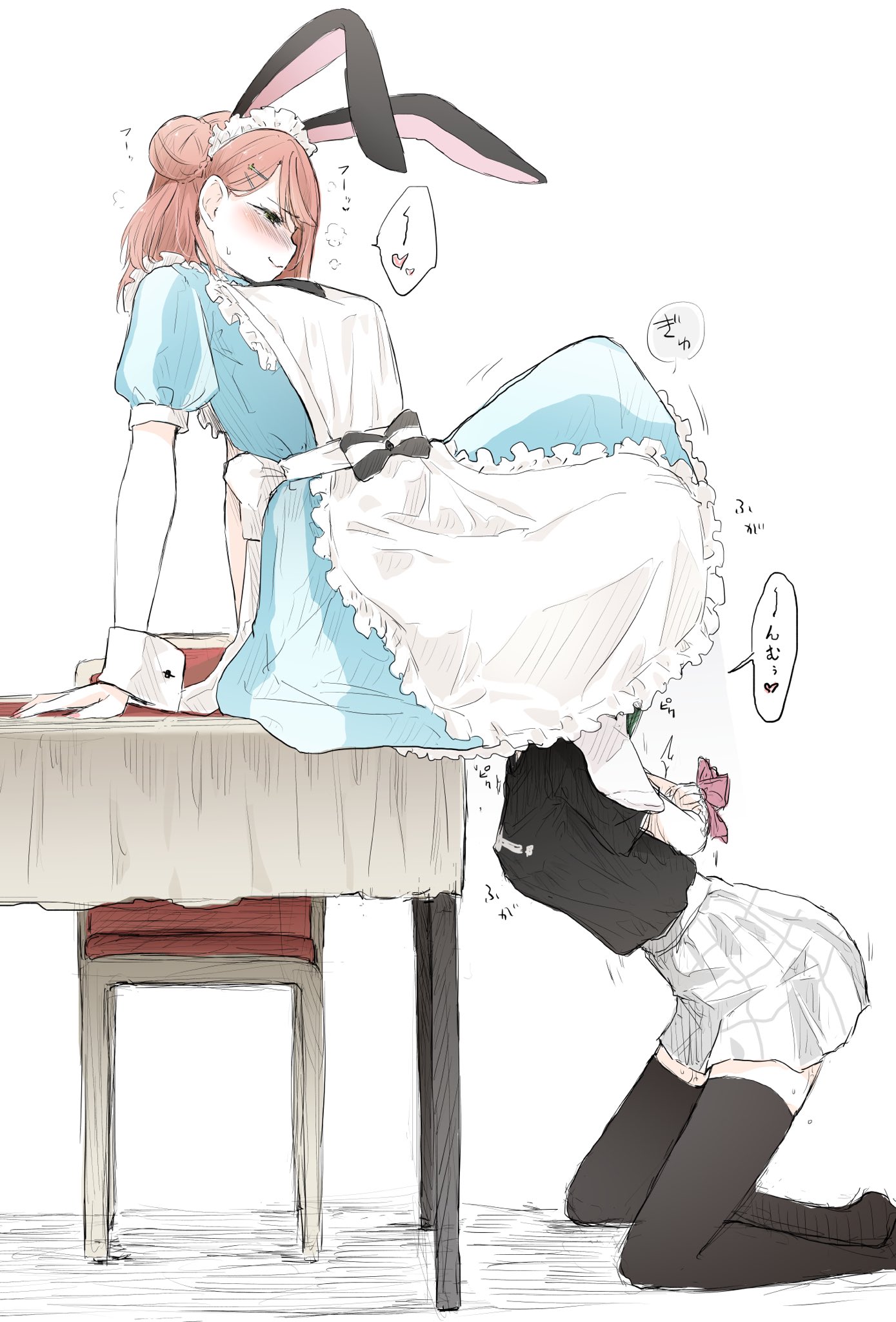 2girls, black hair, blush, breasts, bunny ears, chair, co2death, cunnilingus, female, female only, femdom, fully clothed, green hair, implied cunnilingus, love live!, love live! nijigasaki high school idol club, maid uniform, multiple females, multiple girls, oral, oral sex, pink hair, sitting on table, tagme, takasaki yuu, thick thighs, translation request, uehara ayumu, undershirt, white background, yuri