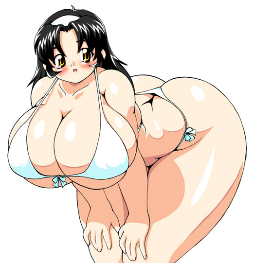 ass bb bent_over big_ass bikini black_hair blush breasts curvy hairband huge_ass huge_breasts large_breasts maruke soft swimsuit thick_thighs thighs yellow_eyes