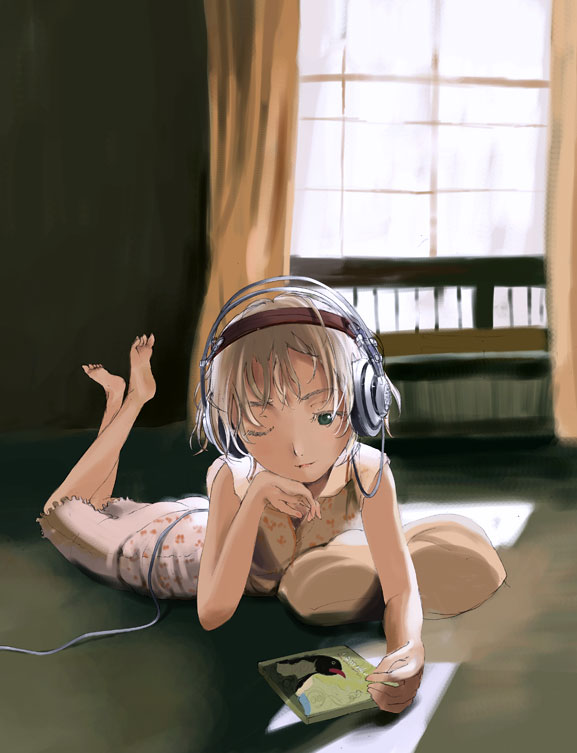 akg barefoot brown_hair green_eyes headphones on_stomach original short_hair wink