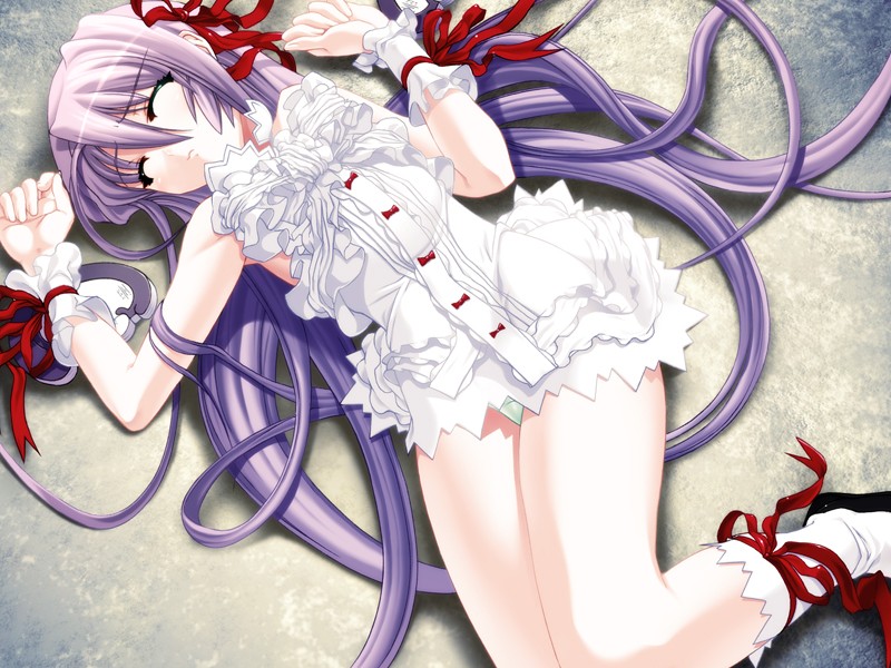 al_azif closed_eyes color demonbane female female_only flat_chest footwear frills game_cg green_panties hair_ribbon human long_hair lying nishii_(nitroplus) nitroplus on_back panties purple_hair ribbon skirt sleeping socks solo underwear very_long_hair