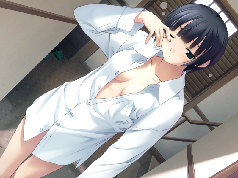 black_eyes black_hair bottomless hashimoto_takashi ichinose_mio open_clothes open_shirt shirt short_hair sleepy solo white_breath white_shirt wink