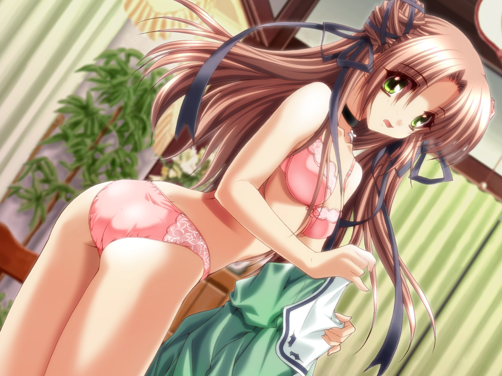 2x4!_-hitotsu_yane_no_shita_de- araiguma ass bow_bra bra brown_hair choker color cross double_bun dressing dutch_angle game_cg green_eyes hair_ribbon lingerie long_hair looking_back niki_sarasa panties pink_bra pink_hair pink_panties ribbon school_uniform seifuku serafuku solo standing thighs tied_hair twintails underwear undressing