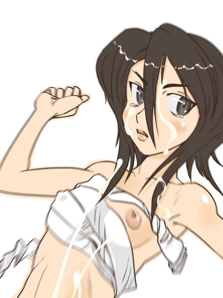 bandage bandages black_hair bleach cum facial grey_eyes hair_between_eyes kuchiki_rukia nipple_slip nipples sarashi solo suesan