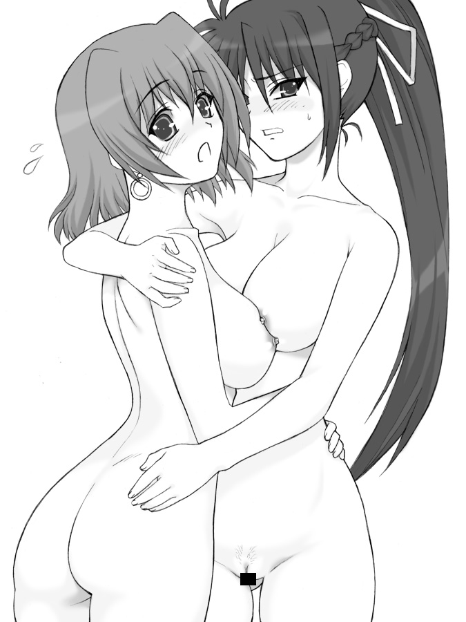 2girls ass breast_press breasts censored female lyrical_nanoha mahou_shoujo_lyrical_nanoha mahou_shoujo_lyrical_nanoha_a's monochrome multiple_girls nude pubic_hair shamal shichimenchou signum symmetrical_docking yuri