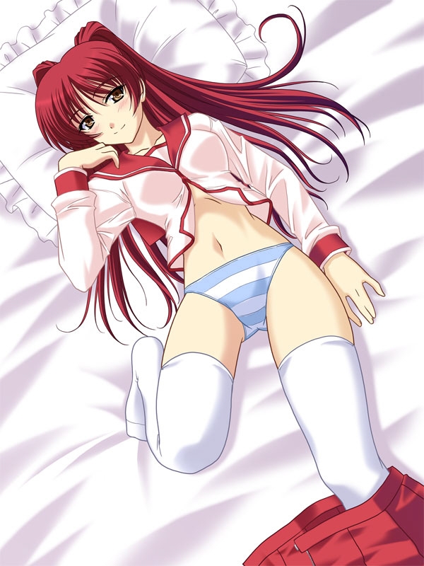 bed blouse blue_panties blush brown_eyes clothing color kousaka_tamaki lingerie long_hair lying masakichi_(crossroad) navel on_back open_skirt panties pillow red_hair school_uniform serafuku skirt skirt_pull solo stockings striped striped_panties thighhighs tied_hair to_heart_(series) to_heart_2 twintails underwear undressing white_legwear white_thighhighs