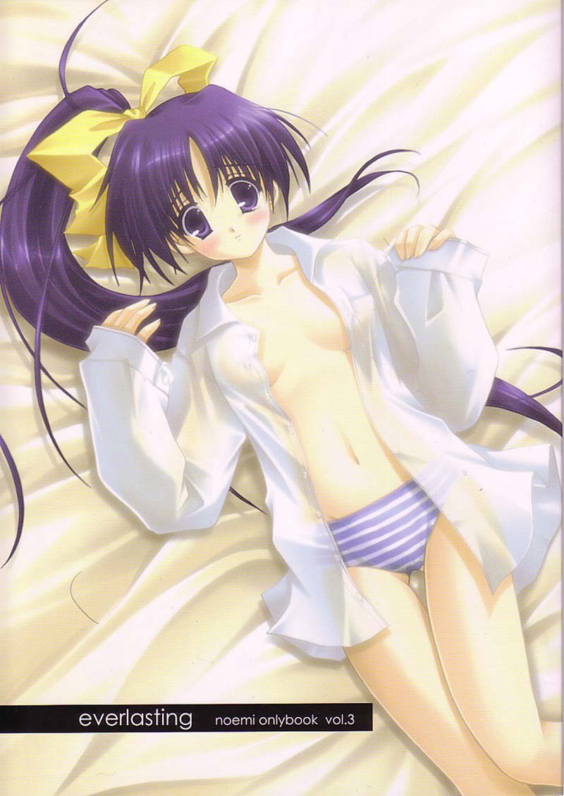 bed blue_panties blush bottomless bow doujinshi dress_shirt hairbow ikegami_akane itou_noemi long_hair lying no_bra no_pants on_back open_clothes open_shirt panties ponytail purple_eyes purple_hair shirt solo striped striped_panties thigh_gap thighs tied_hair underwear very_long_hair with_you