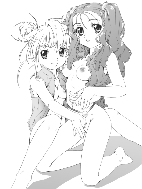 2girls aeru barefoot breasts female fingering fuji_shinobu monochrome multiple_girls neviril no_bra open_clothes open_shirt shirt simoun yuri