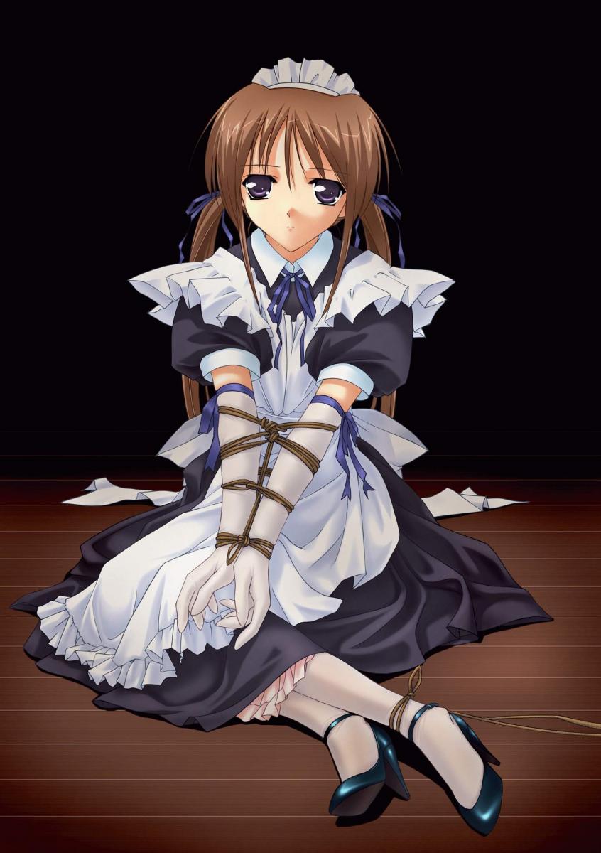 1girls arms_bound blue_ribbon bondage bound brown_hair dark_eyes f-ism female female_focus female_human female_only hair_ribbons high_heels highres human human_female human_focus human_only maid murakami_suigun original pig_tails purple_eyes ribbon ribbons rope solo solo_female solo_focus twin_tails