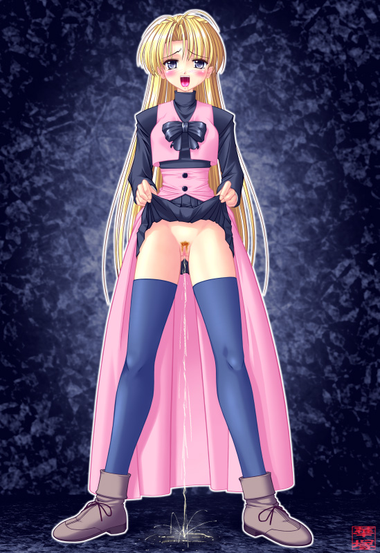 female blonde_hair blue_eyess blue_legwear blue_thighhighs blush bow chelsea_rorec hanazuka_ryouji long_hair no_panties open_mouth peeing pubic_hair pussy saliva skirt skirt_lift solo thighhighs tokyo_underground turtleneck uncensored very_long_hair vest