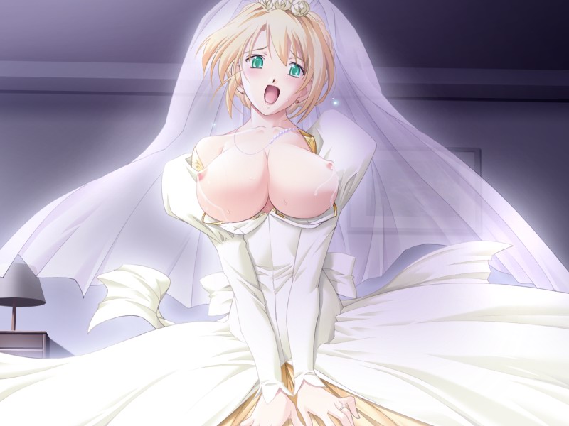 akehime_saki big_breasts blonde_hair breasts bridal_veil bride clothing dress earrings female game_cg green_eyes hair_up huge_breasts jewelry kyouhaku_2 lactation large_breasts necklace nipples no_bra open_mouth ribahara_aki solo veil wedding_dress