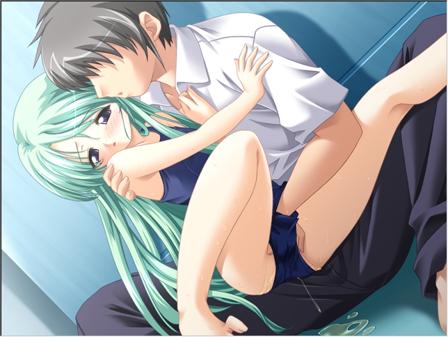 aqua_hair blue_eyes faceless faceless_male fingering green_hair hand_in_panties hand_in_swimsuit hug long_hair one-piece_swimsuit panties pussy_juice school_swimsuit sukumizu_flap swimsuit underwear very_long_hair