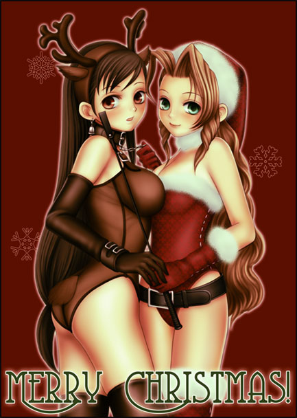 2girls aerith_gainsborough animal_ear antlers bell belt bondage buckle chains christmas collar corset couple cuffs deer_ears deergirl dominant_female dominated domination dominatrix elbow_gloves female female_only femdom femsub final_fantasy final_fantasy_vii gloves hat human kemonomimi_mode leash leotard lingerie looking_at_viewer lowres multiple_females riding_crop santa_costume santa_hat slave smooth_skin submissive submissive_female suhara_(protea) teddy_(clothing) thighhighs tifa_lockhart underwear whip yuri