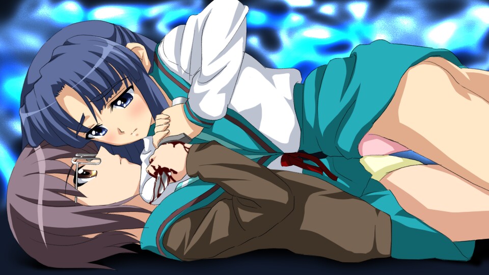 2girls asakura_ryouko blood blue_eyes blue_hair blush breast_press breasts brown_eyes cardigan female female_only glasses human knife long_hair lying miniskirt multiple_females nagato_yuki on_back on_stomach panties pantyshot pantyshot_(lying) pink_panties sanshita school_uniform seifuku serafuku short_hair silver_hair skirt suzumiya_haruhi_no_yuuutsu symmetrical_docking underwear yellow_panties yuri