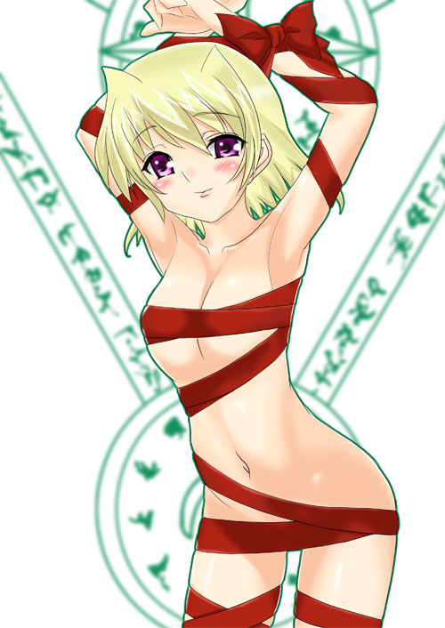 bondage blonde_hair bondage lyrical_nanoha mahou_shoujo_lyrical_nanoha mahou_shoujo_lyrical_nanoha_a's mahou_shoujo_lyrical_nanoha_a's naked_ribbon ribbon ribbons shamal solo thigh_gap