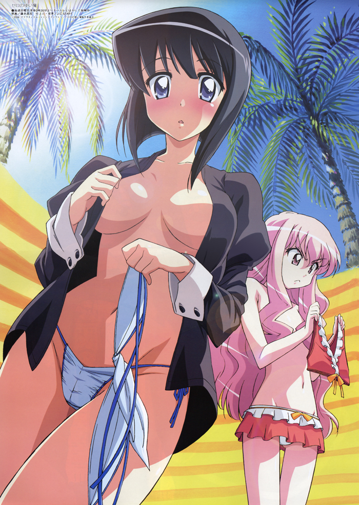 bikini black_hair blue_eyes blush clothing color fujii_masahiro louise_francoise_le_blanc_de_la_valliere medium_breasts midriff open_clothes open_shirt pink_eyes pink_hair shirt side-tie_bikini siesta swimsuit undressing zero_no_tsukaima