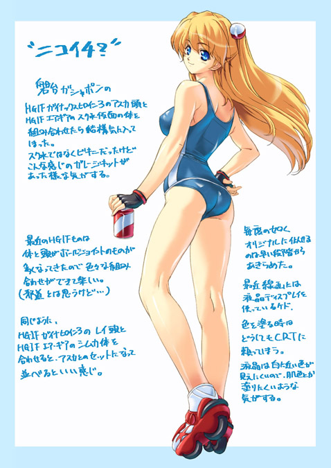 asuka_langley_sohryu blue_eyes can female female_only human kiyama_satoshi medium_breasts neon_genesis_evangelion one-piece_swimsuit original red_hair school_swimsuit skates solo swimsuit translation_request