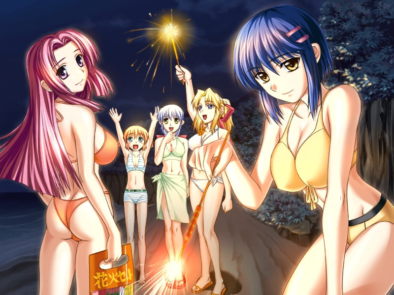 5girls ass bikini blonde_hair blue_eyes blue_hair breasts everyone female female_only fireworks game_cg kanisawa_kinu kiriya_erika kurogane_otome large_breasts long_hair multiple_girls night ooeyama_inori orange_hair pink_hair purple_eyes satou_yoshimi shironeko_sanbou sparkler swimsuit tsuyokiss yellow_eyes