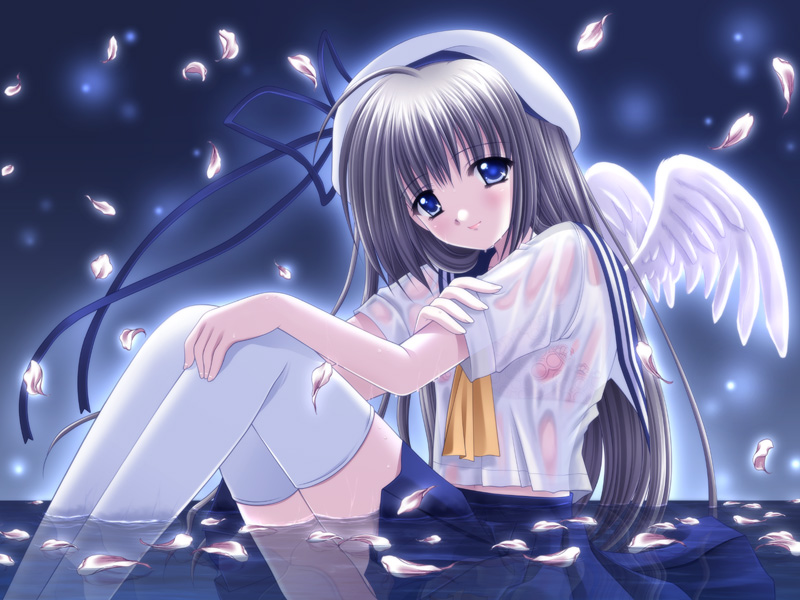 blue_eyes hat nishimata_aoi petals school_uniform see-through seifuku serafuku water wet wings