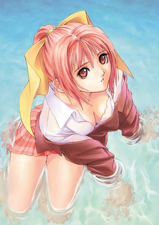 1girls bow bra breasts cleavage down_blouse female female_only hairbow lingerie miniskirt partner_~sekai_de_ichiban_taisetsu_na_hito~ pink_eyes pink_hair ponytail ribbon ribbons sangami_erika school_uniform serafuku short_hair skirt solo taka_tony tied_hair underwear water wet wet_clothes