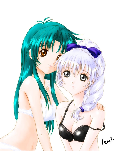 2girls aqua_hair bra breasts chidori_kaname female female_only full_metal_panic grey_eyes lingerie multiple_girls teletha_testarossa underwear white_background white_hair yellow_eyes