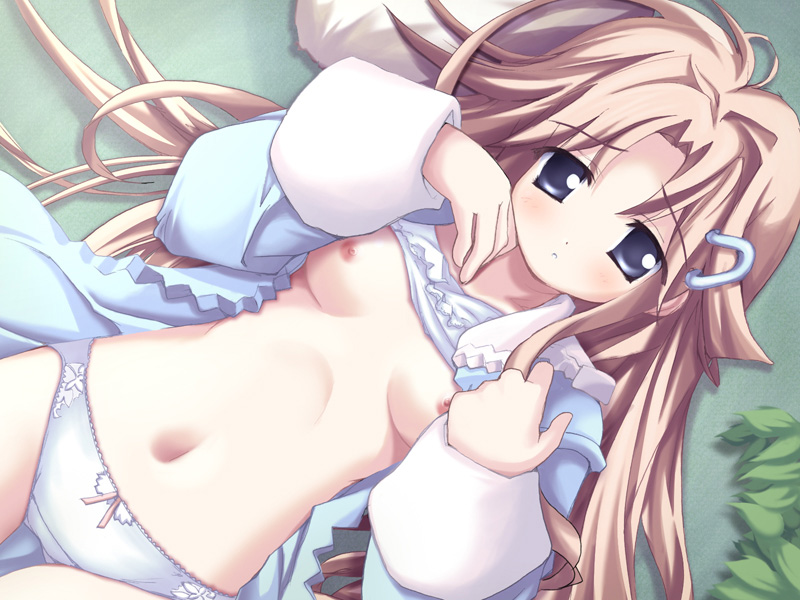 blonde_hair blue_bra blue_dress blue_eyes blue_panties blush bow bow_panties bra bra_lift dress fue_(tsuzuku) game_cg hiiragi_hinata hinatabokko lace-trimmed_panties lingerie lying navel nipples on_back open_dress panties shirt_lift solo thigh_gap thighs underwear