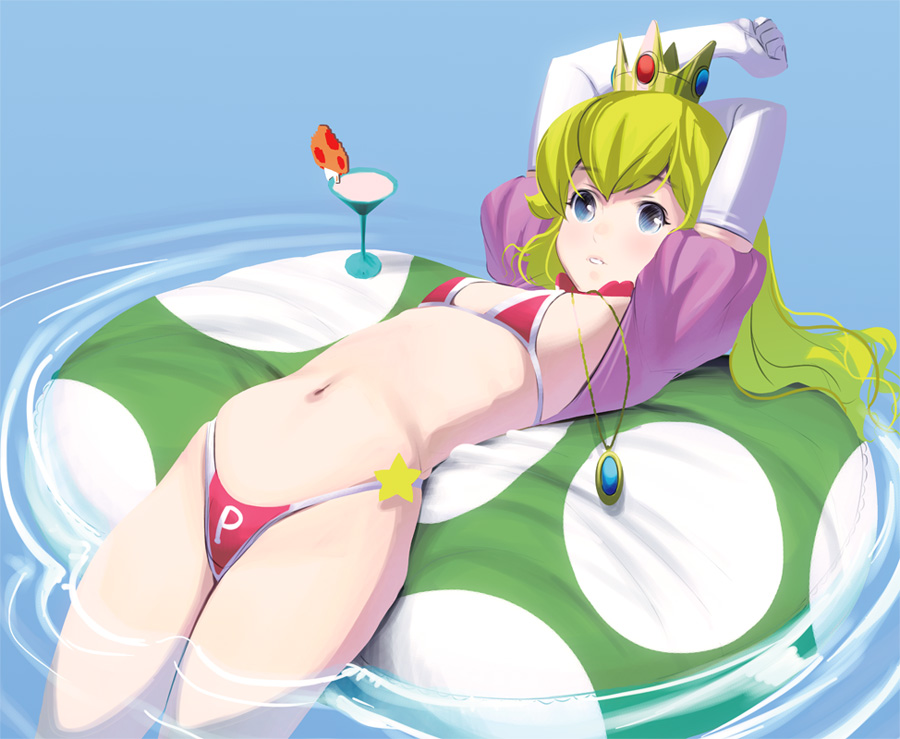 1girls 2013 arms_up bikini blonde_hair blue_eyes breasts capelet cocktail cocktail_glass crown cup drink elbow_gloves eyebrows_visible_through_hair female female_only flat_chest floatie glass gloves hair_between_eyes jewelry long_hair looking_at_viewer lying mario_(series) masao navel necklace nintendo on_back partially_submerged princess_peach puffy_short_sleeves puffy_sleeves red_bikini side-tie_bikini small_breasts solo super_mario_bros. super_mario_bros._(nes) super_mushroom swimsuit teeth thighs water white_gloves