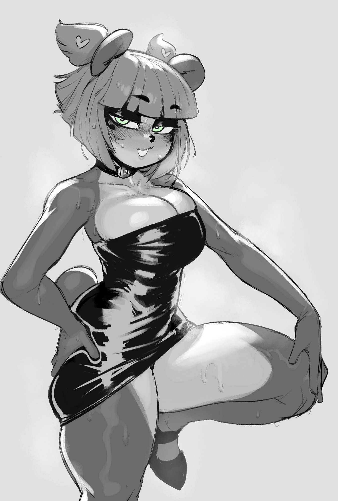 alternate version available, anthro, big breasts, black and white, blunt bangs, blush, breasts, choker, cleavage, dress, eyebrows visible through hair, female, grabbing own ass, greyscale, krekk0v, looking at viewer, monochrome, nuwa nightstone, panda, skindentation, sweat