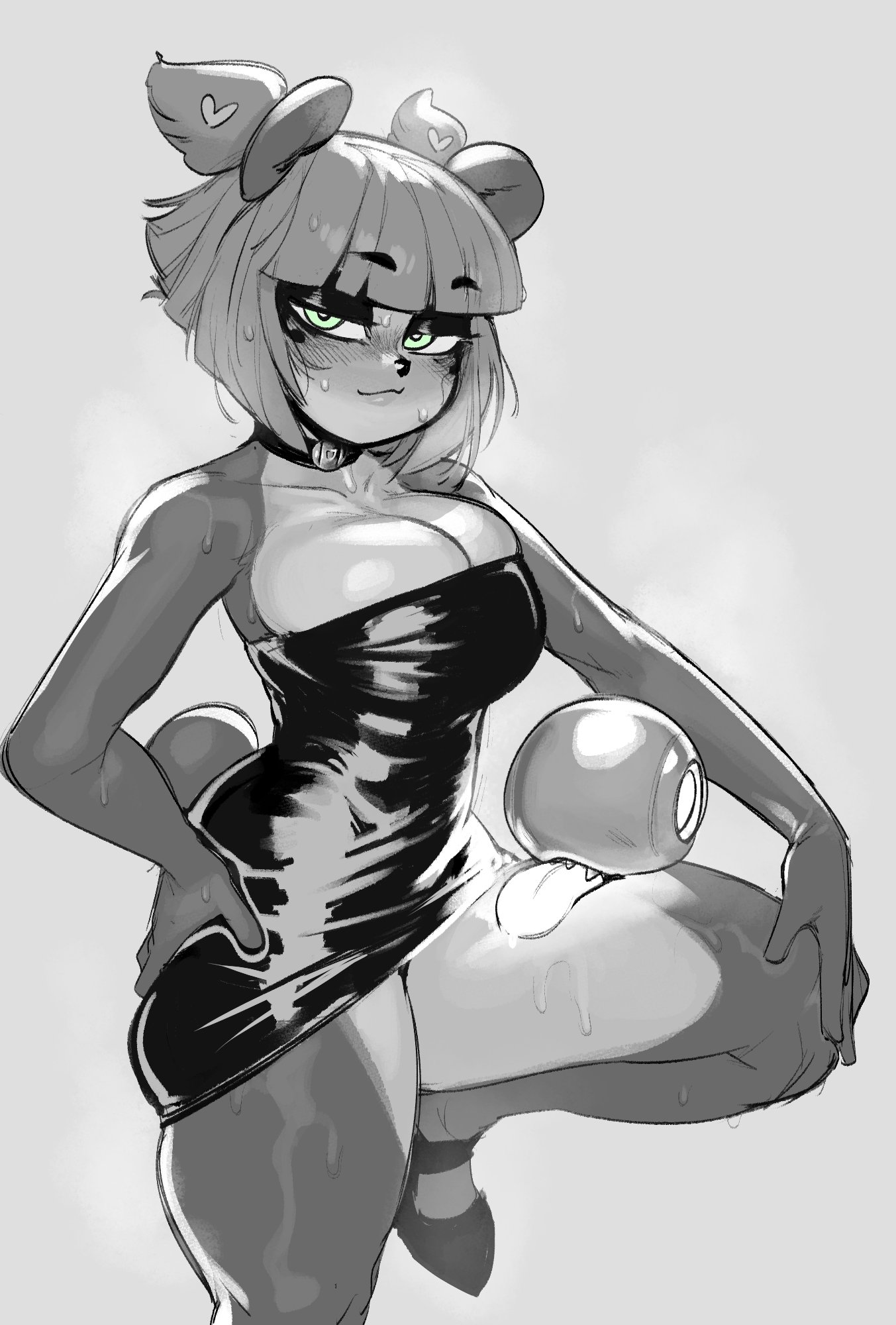 alternate version available, anthro, big breasts, black and white, blunt bangs, blush, breasts, choker, cleavage, dress, eyebrows visible through hair, female, grabbing own ass, greyscale, krekk0v, looking at viewer, monochrome, nuwa nightstone, panda, skindentation, sweat