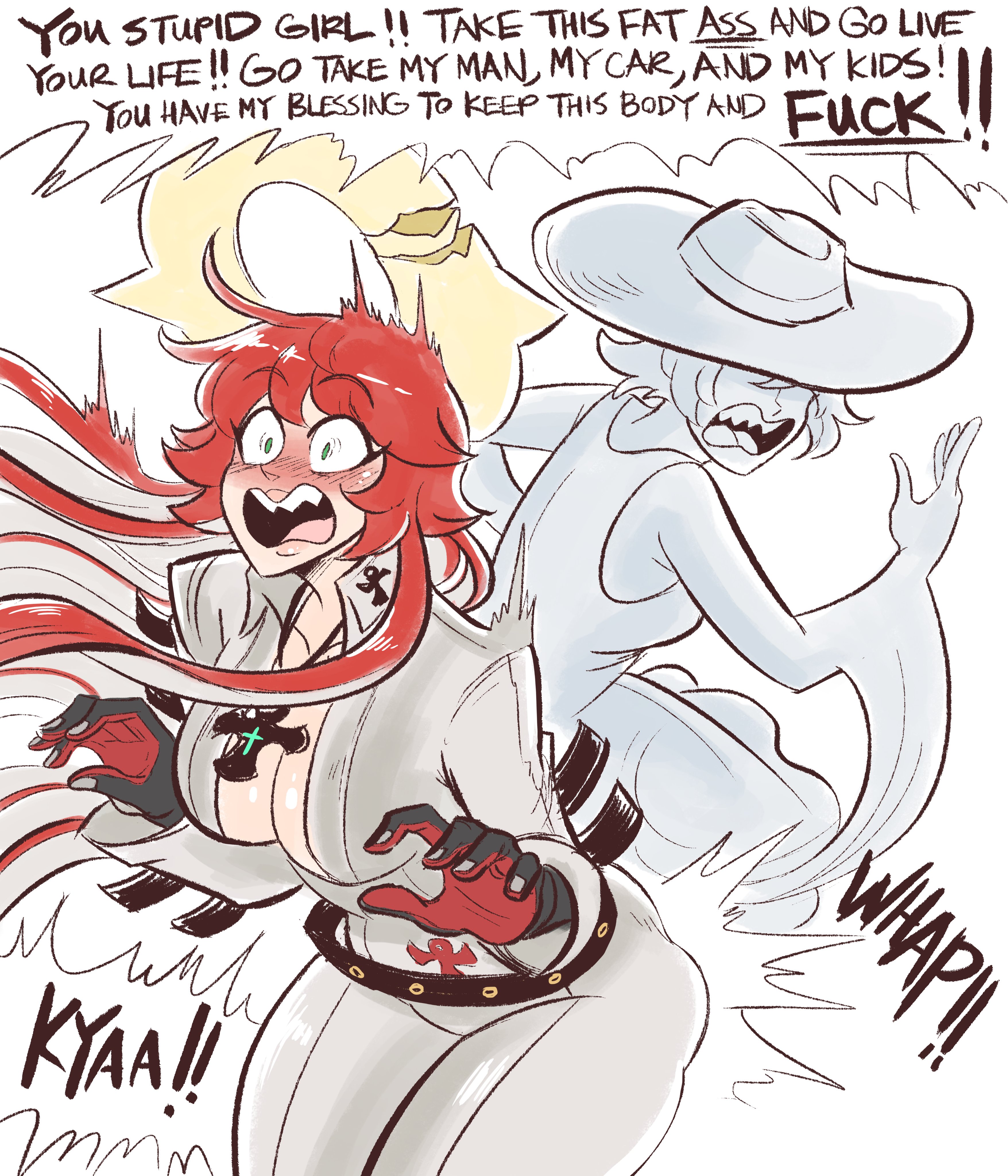 2girls, aria (guilty gear), ass, ass slap, big ass, big butt, breasts, envy, female, green eyes, guilty gear, huge ass, jack-o' valentine, jealous, multicolored hair, red hair, scruffyturtles, slapping butt, smile, suprised, text, thick thighs