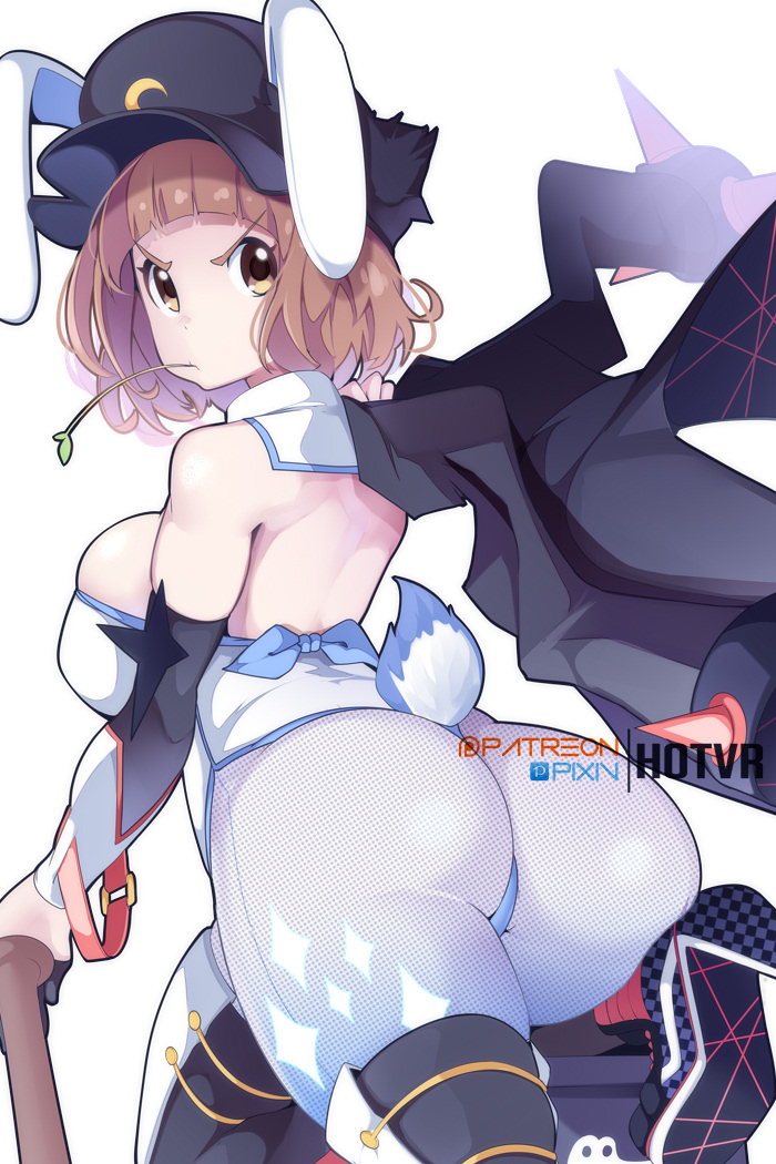 1girls, ass, back view, big ass, big breasts, big butt, breasts, brown eyes, brown hair, bunny ears, bunny tail, bunnysuit, fat ass, female, female only, hat, hotvr, kill la kill, large ass, large breasts, leotard, looking at viewer, looking back, mankanshoku mako, short hair, solo, solo female, thick, thick ass, voluptuous