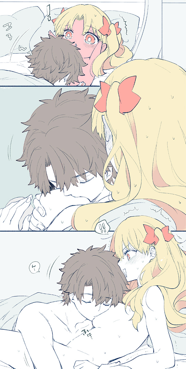 1boy, 1girls, bed, blonde hair, breast sucking, breasts, comic, ereshkigal (fate), fate (series), fate/grand order, female, fujimaru ritsuka (male), male, myameco, nude, tagme, wholesome