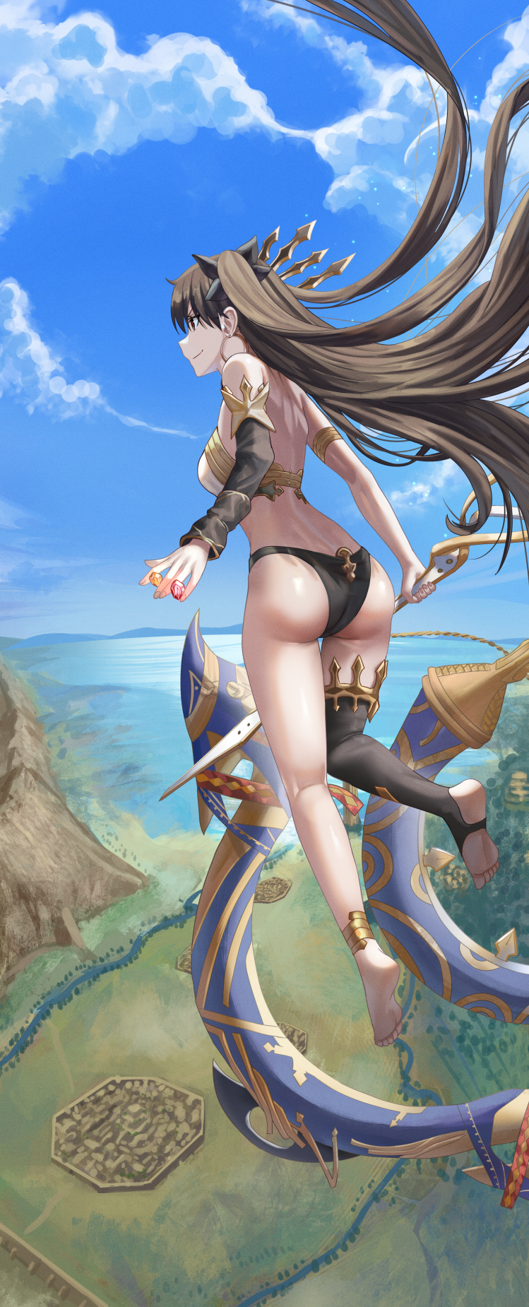 1girls 2022 alternate_breast_size ass bare_legs barefoot black_panties bow_and_arrow breasts brown_hair deity fate/grand_order fate_(series) feet female female_only flying goddess ishtar_(fate) large_ass large_breasts long_hair outdoors panties red_eyes silvertsuki slim_waist soles solo thick_thighs thighs twintails weapon white_topwear