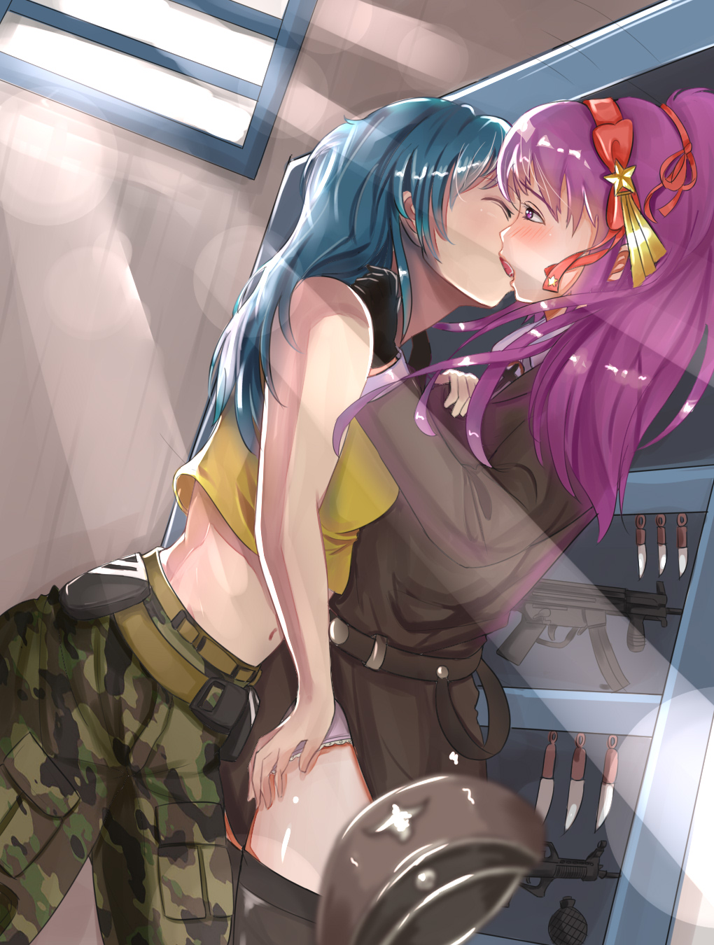 athena_asamiya fingering fingering_pussy fingering_through_clothes fingering_through_panties king_of_fighters kissing knife leona_heidern mp5 mp5k snk throwing_knife throwing_knives window yuri yurikon_(fan_of_athena)