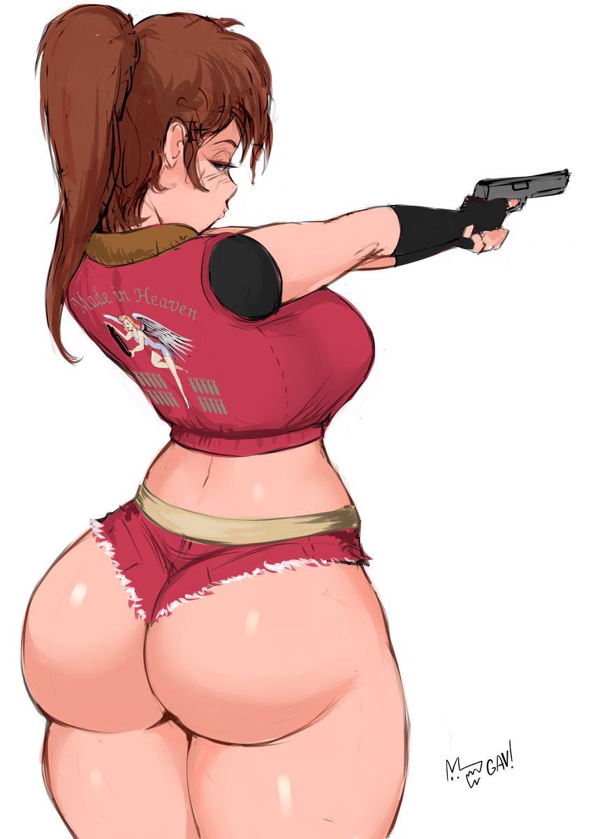 1girls, aleksandrgav, ass, big ass, breasts, brown hair, bubble ass, bubble butt, busty, claire redfield, female, female focus, female only, firearm, gun, handgun, hourglass figure, long hair, pistol, ponytail, rear view, resident evil, resident evil 2, solo, tagme, weapon, wide hips