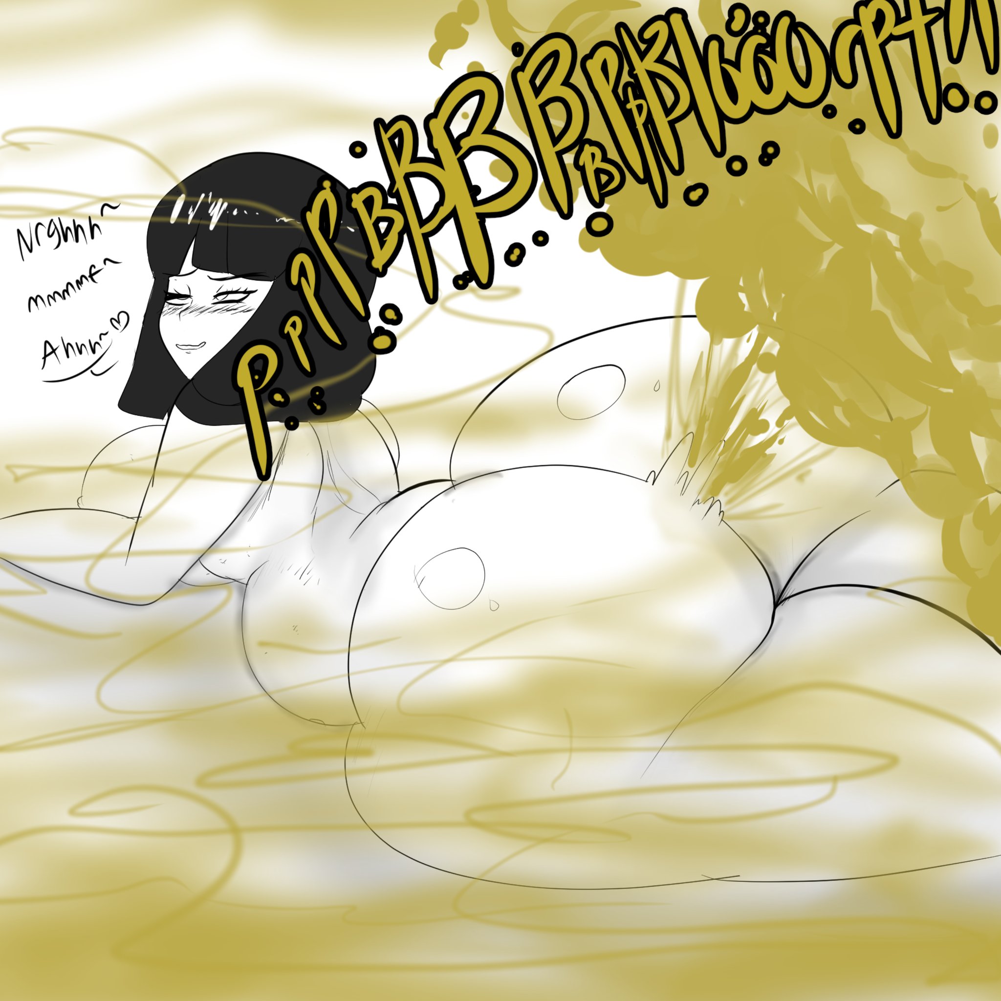 1girls, ass, big ass, big breasts, big butt, black hair, blush, boruto, boruto: naruto next generations, breasts, bubble ass, bubble butt, english text, enjoying farting, fart, fart cloud, fart everywhere, fart fetish, farting, female, heart, hyuuga hinata, laying down, laying on stomach, looking pleasured, melissaalli, naruto, naruto (series), open mouth, shoulder length hair, smile, solo female, text, thick thighs, uncolored, uzumaki hinata