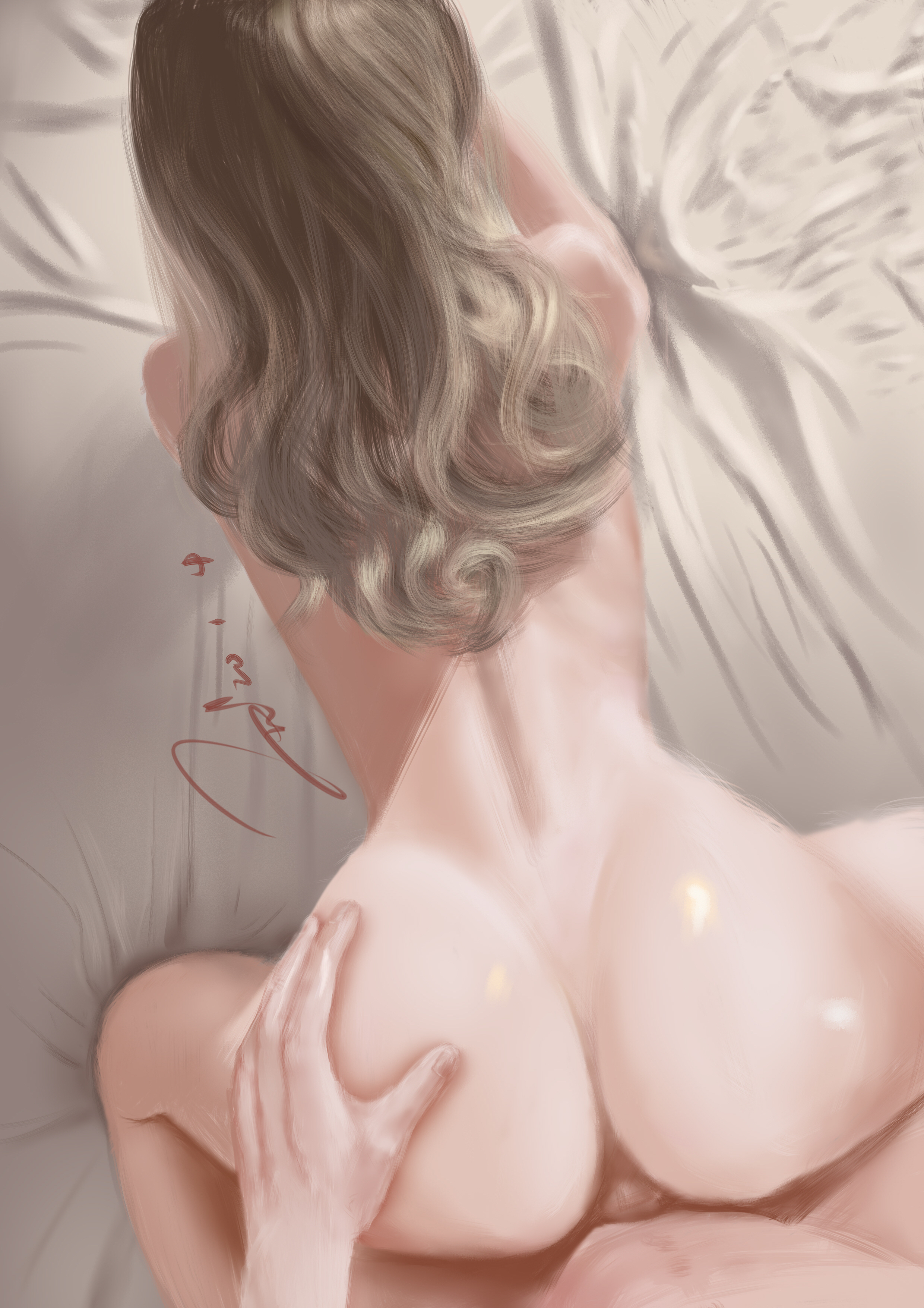 1girls, all fours, artist request, ass, back, back view, backside, bed, big ass, big butt, blonde hair, breasts, bubble ass, bubble butt, busty, color, curly hair, doggy style, female, fucked from behind, hand on ass, highlights (coloring), huge ass, huge butt, indoor, indoors, inside, light skin, light-skinned female, male, naked, nude, nude female, original, penetration, penis, sex, sex from behind, sheet grab, signature, uncensored