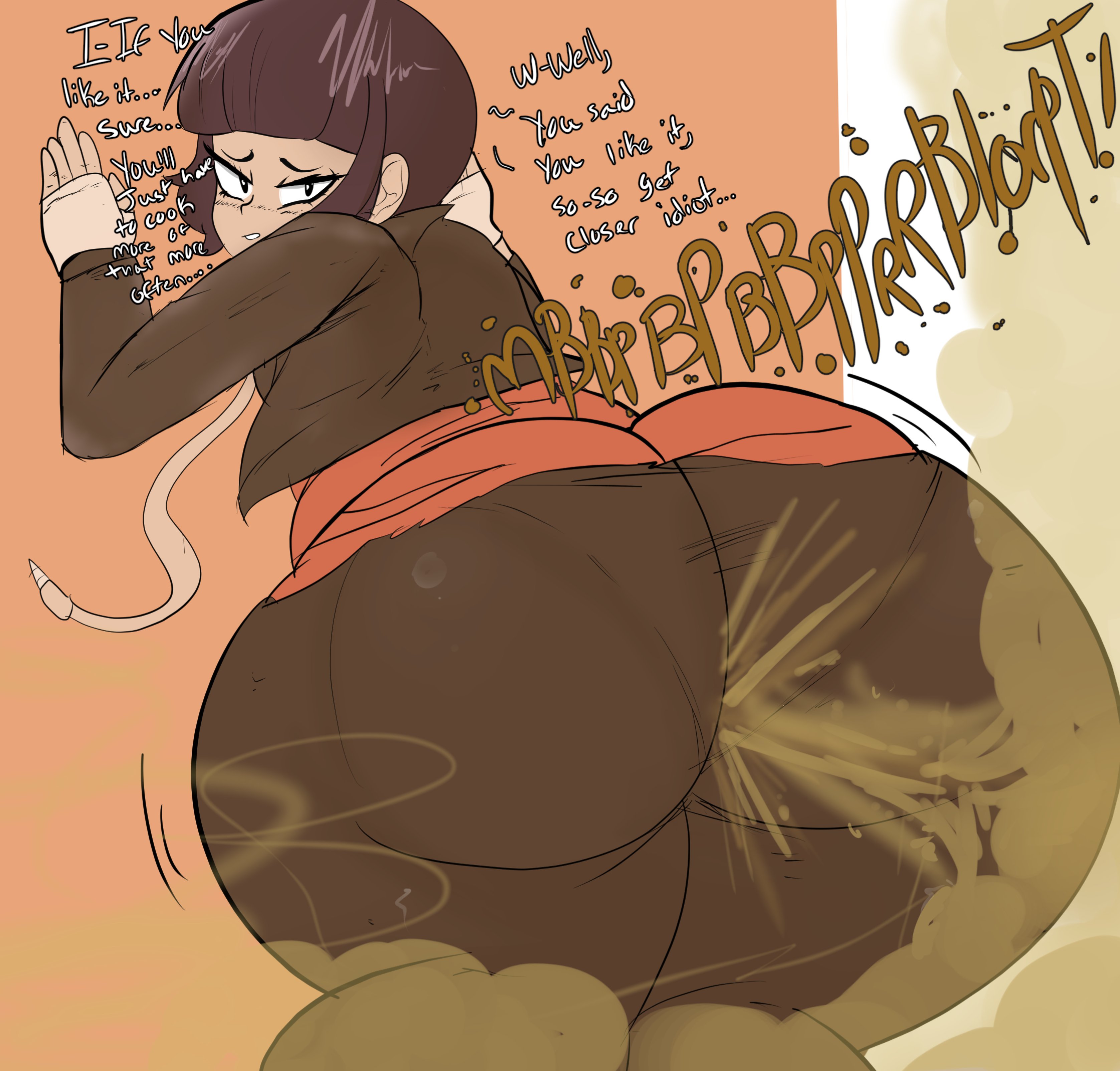 1girls, against wall, ass, big ass, big butt, black eyes, black leggings, black legwear, english text, enjoying farts, fart, fart cloud, fart fetish, farting, female, kyoka jiro, leggings, legwear, looking at viewer, looking back, looking back at viewer, melissaalli, my hero academia, open mouth, purple hair, rear view, short hair, solo female, talking to viewer, text, thick thighs
