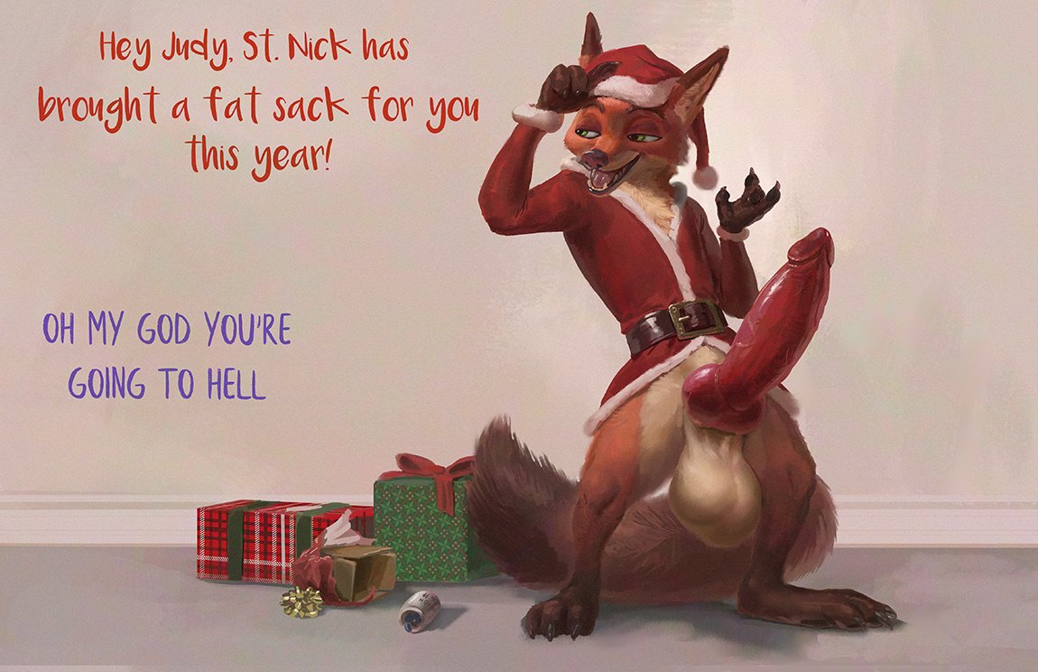 2020 animal_genitalia animal_penis anthro balls big_balls big_penis bottomless bottomless_male canine_penis christmas christmas_clothing christmas_headwear christmas_present clothed clothing dialogue disney english_text genitals hat headgear headwear holidays huge_balls huge_cock male male_only nick_wilde penis santa_hat solo spectrumshift text vein veiny_penis zootopia