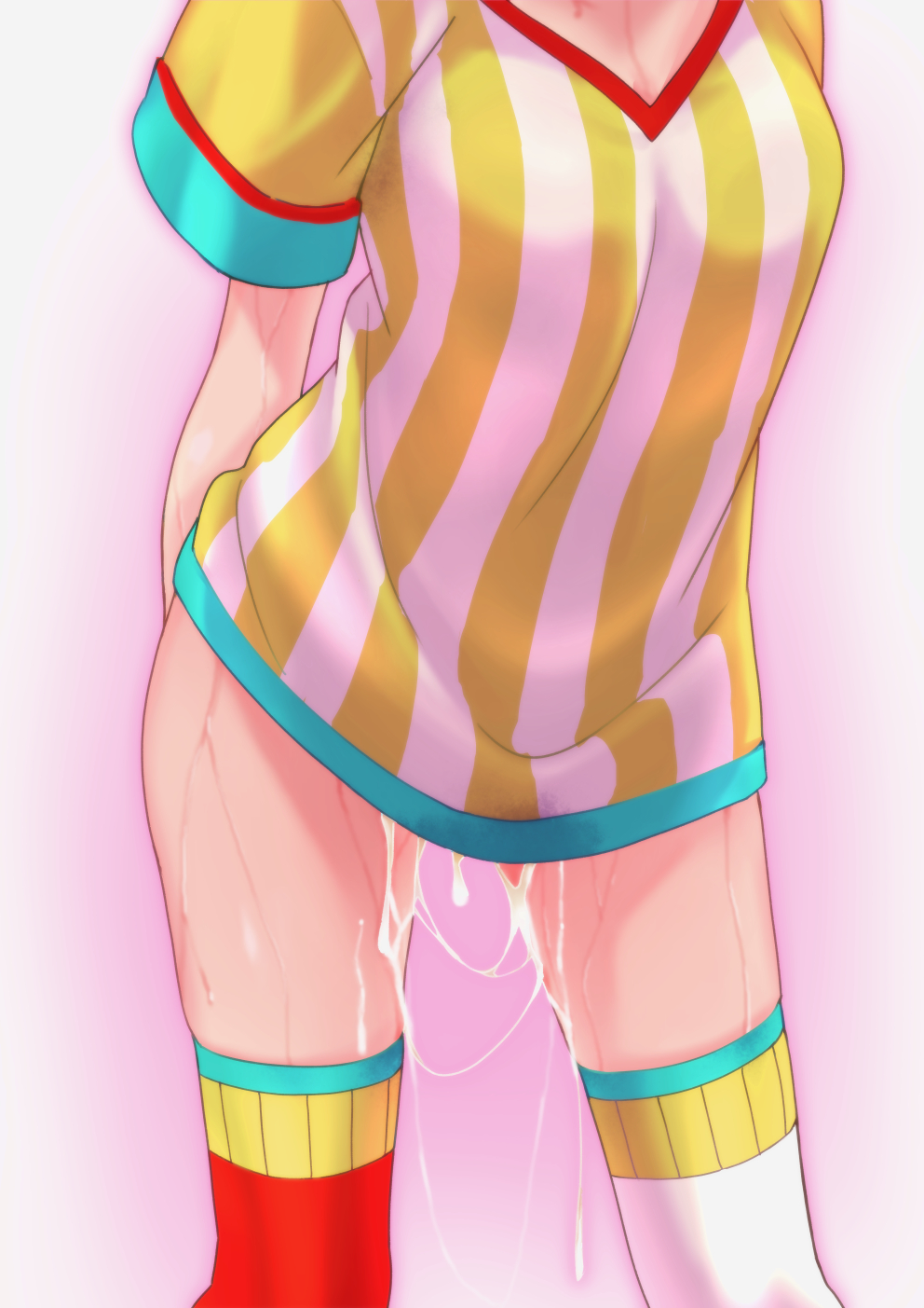 asymmetrical_legwear breasts cum female highres hololive hololive_gen_2 hololive_japan implied_creampie mismatched_legwear oozora_subaru red_legwear solo striped suggestive_fluid sweat thighhighs vertical_stripes virtual_youtuber white_legwear zabudog777