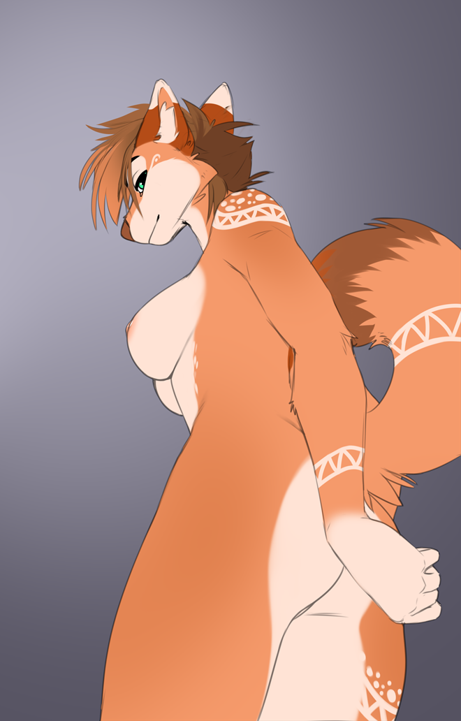 2022 anthro areola breasts brown_hair canid canine digital_media_(artwork) female fur hair mammal nipples orange_body orange_fur sinalanf solo white_body white_fur