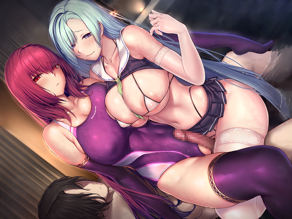 1boy 2girls bath bathroom bikini breasts brynhildr_(cheer_for_master)_(fate) brynhildr_(fate) censored cheerleader cleavage covered_navel covered_nipples crop_top curtains double_grinding double_tribadism_on_penis elbow_gloves eyebrows_visible_through_hair fate/empire_of_dirt fate/grand_order fate_(series) ffm_threesome game_cg gloves grinding group_sex hair_between_eyes highleg highleg_bikini indoors long_hair lun7732 micro_bikini microskirt mosaic_censoring multiple_girls navel necktie non-web_source one-piece_swimsuit penis pleated_skirt purple_gloves purple_hair purple_legwear red_eyes sandwiched scathach_(fate) skirt smile steam straight swimsuit thong_above_skirt threesome tribadism tribadism_on_penis very_long_hair view_facing_male white_gloves white_legwear