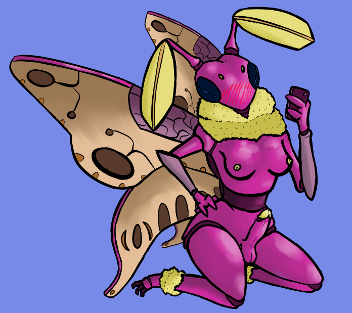 anthro arthropod balls blue_eyes blush blush_lines breasts erection fur futanari genitals gynomorph insects intersex lepidopteran moth mr._pp nude penis pink_body rosy_maple_moth segmented_body selfie sitting small_breasts solo yellow_body yellow_fur