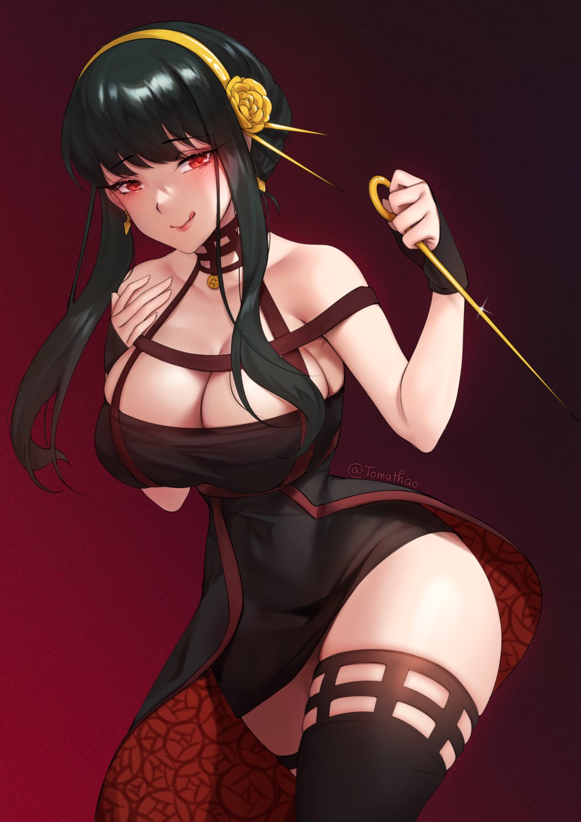 1girls, assassin, big breasts, black hair, breasts, cleavage, curvy, dress, female, female only, hair ornament, large breasts, looking at viewer, red eyes, solo, solo female, spy x family, stiletto (weapon), thick, thick thighs, thighhighs, thorn princess, tomathao, voluptuous, weapon, yor briar