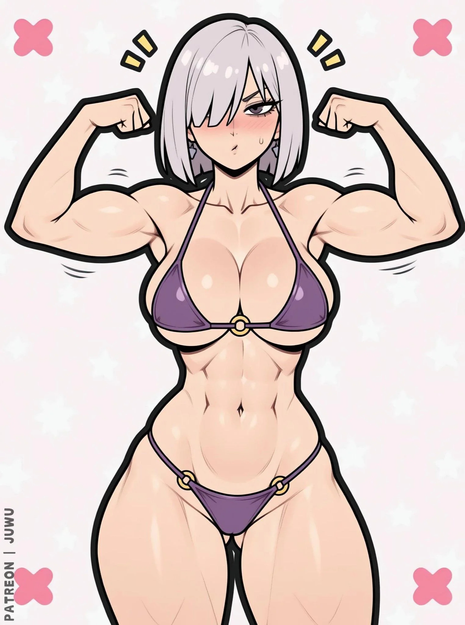 1girl, bikini, fiona frost, flexing, juwu, muscles, muscular female, nightfall (spy x family), short hair, solo, solo female, solo focus, spy x family