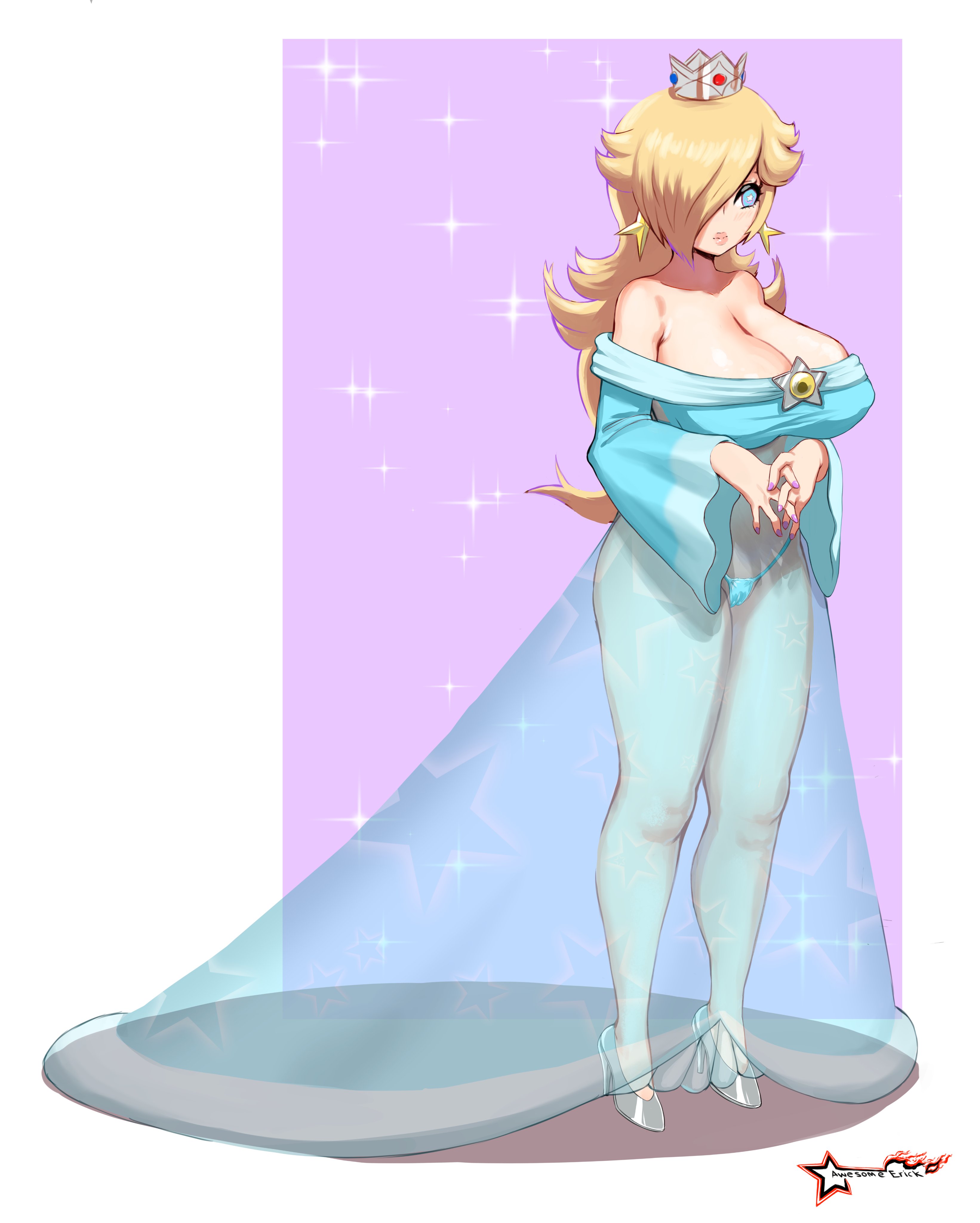 1girls, 2022, alternate breast size, artist signature, awesomeerix, blonde female, blonde hair, blue eyes, breasts, cleavage, crown, dress, female, female only, hair over one eye, heels, hi res, hips, huge breasts, long dress, long hair, mario (series), nintendo, panties, princess dress, princess rosalina, see-through, see-through clothing, simple background, slim waist, super mario galaxy, thick thighs, thighs, wide hips