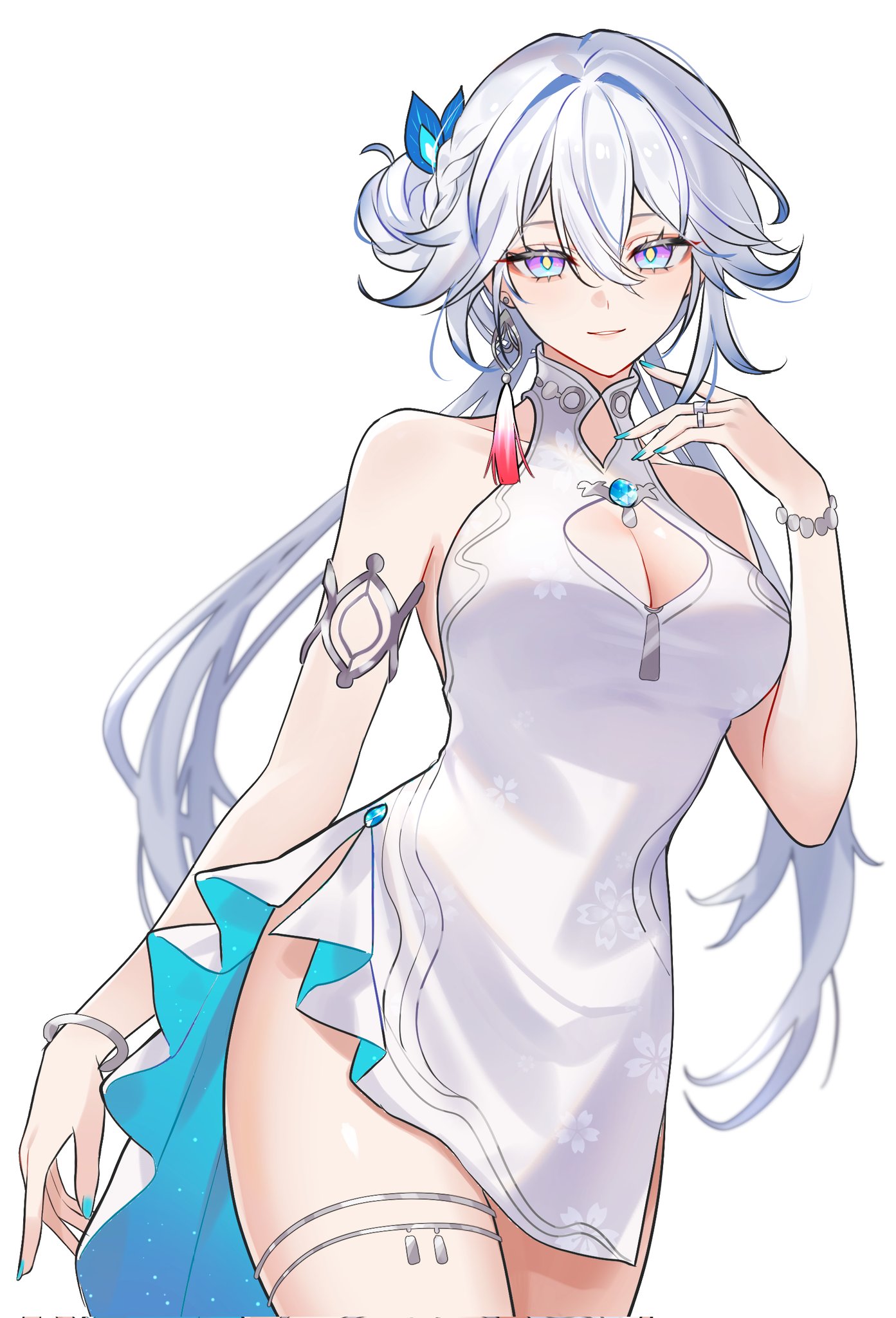 1girls, breasts, breasts out, dress, exposed breasts, female, honkai (series), honkai: star rail, hoyoverse, long hair, medium breasts, mihoyo, multicolored eyes, multicolored hair, qipao, thighhighs, very long hair, white dress, white hair, white thighhighs, yao guang (honkai: star rail)