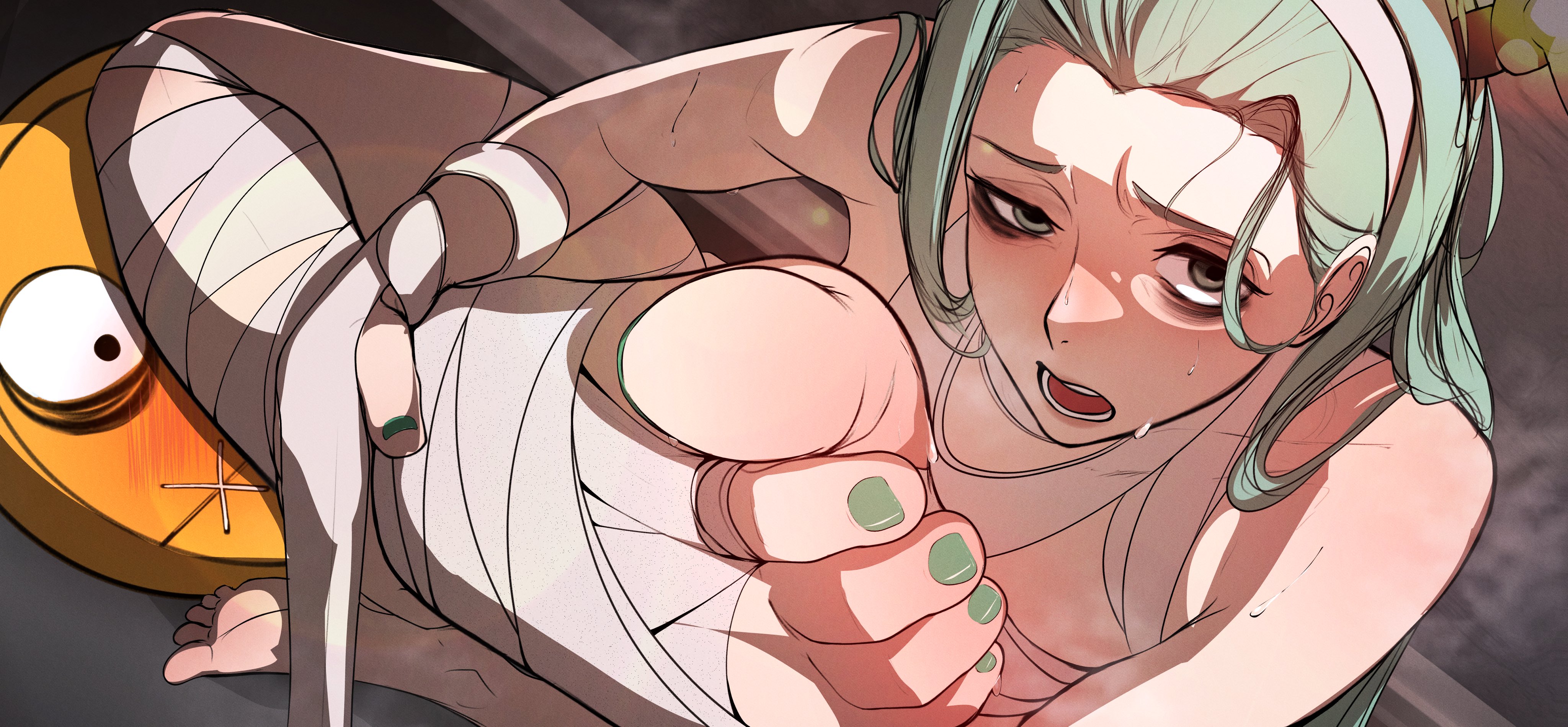 1girls, 2026, a.b.a, canon couple, esmile, female, femdom, foot fetish, guilty gear, guilty gear strive, horny, husband and wife, looking at viewer, paracelsus, paracelsus (guilty gear), pov, pov eye contact, pov feet, sweat, sweatdrop, sweating, sweaty body, tape, taped legs, toenail polish