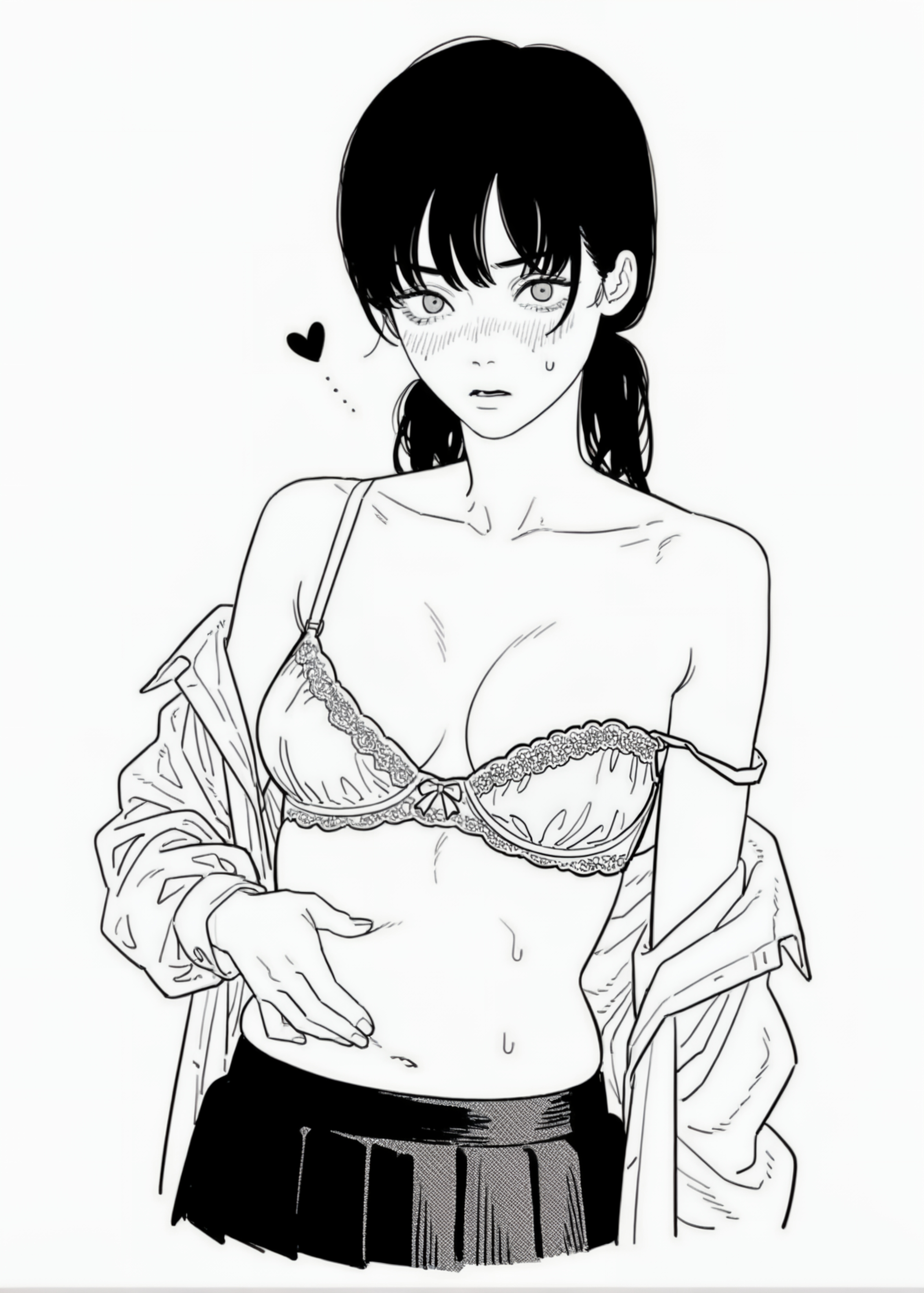 1girl, ai generated, asa mitaka, bare shoulders, blush, bra, breasts, chainsaw man, cleavage, collarbone, collared shirt, cropped legs, greyscale, hand on own stomach, hatching (texture), heart, long hair, long sleeves, looking at viewer, low twintails, medium breasts, mitaka asa, monochrome, navel, off shoulder, open clothes, open mouth, open shirt, parted lips, pleated skirt, ringed eyes, school uniform, shirt, simple background, skirt, solo, spasibo15, stomach, strap slip, sweat, sweatdrop, twintails, underwear, undressing, white background