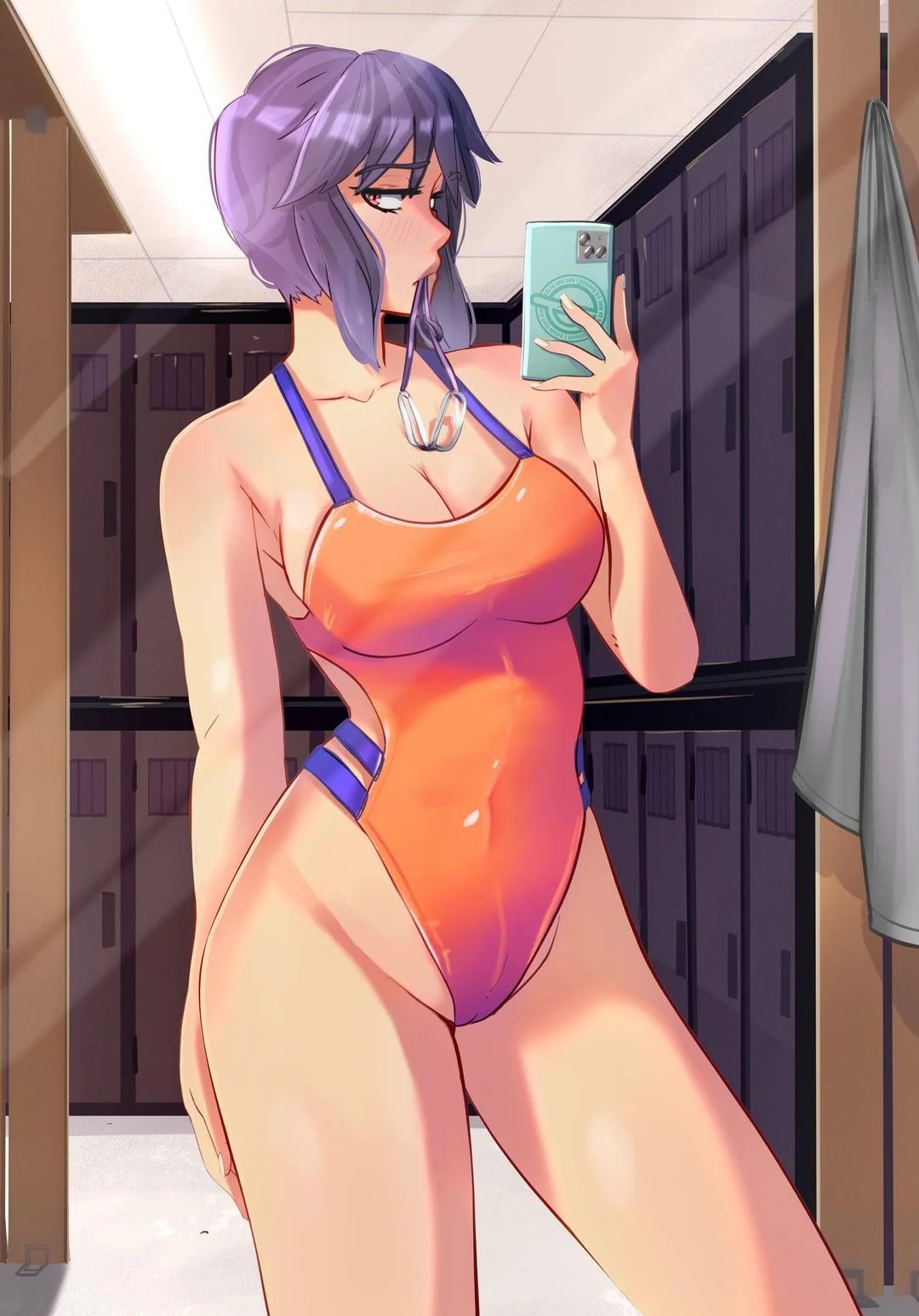 1girl, blysill, cameltoe, cellphone, ghost in the shell, kusanagi motoko, mirror selfie, one-piece swimsuit, phone, selfie, selfie pose, short hair, smartphone